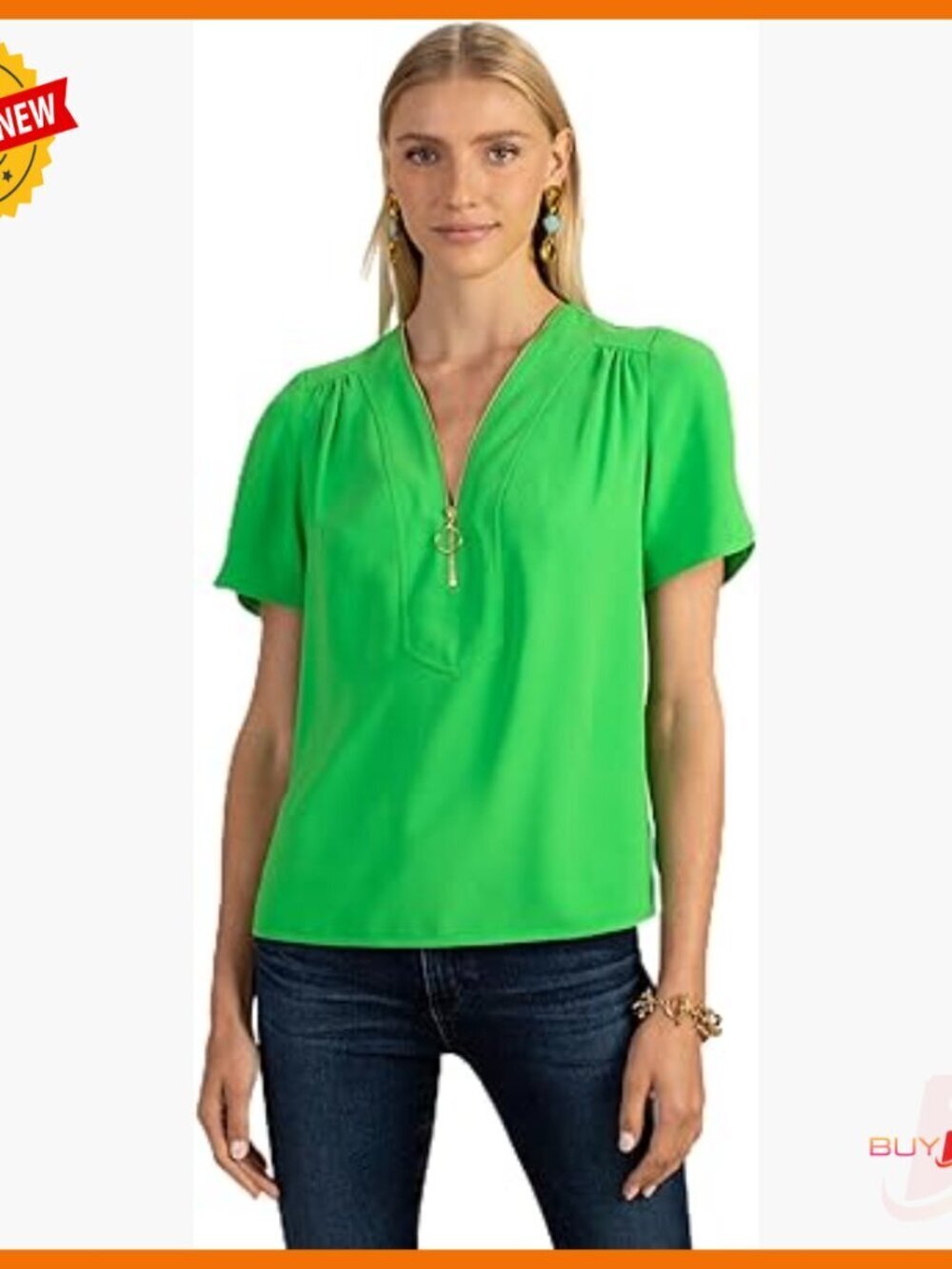 Short Sleeve Blouse with Zipper Placket, Recycled Polyester, Work Wear